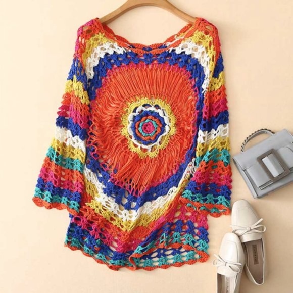Boho Multicolor Orange Crochet Swim Cover up - Picture 4 of 4